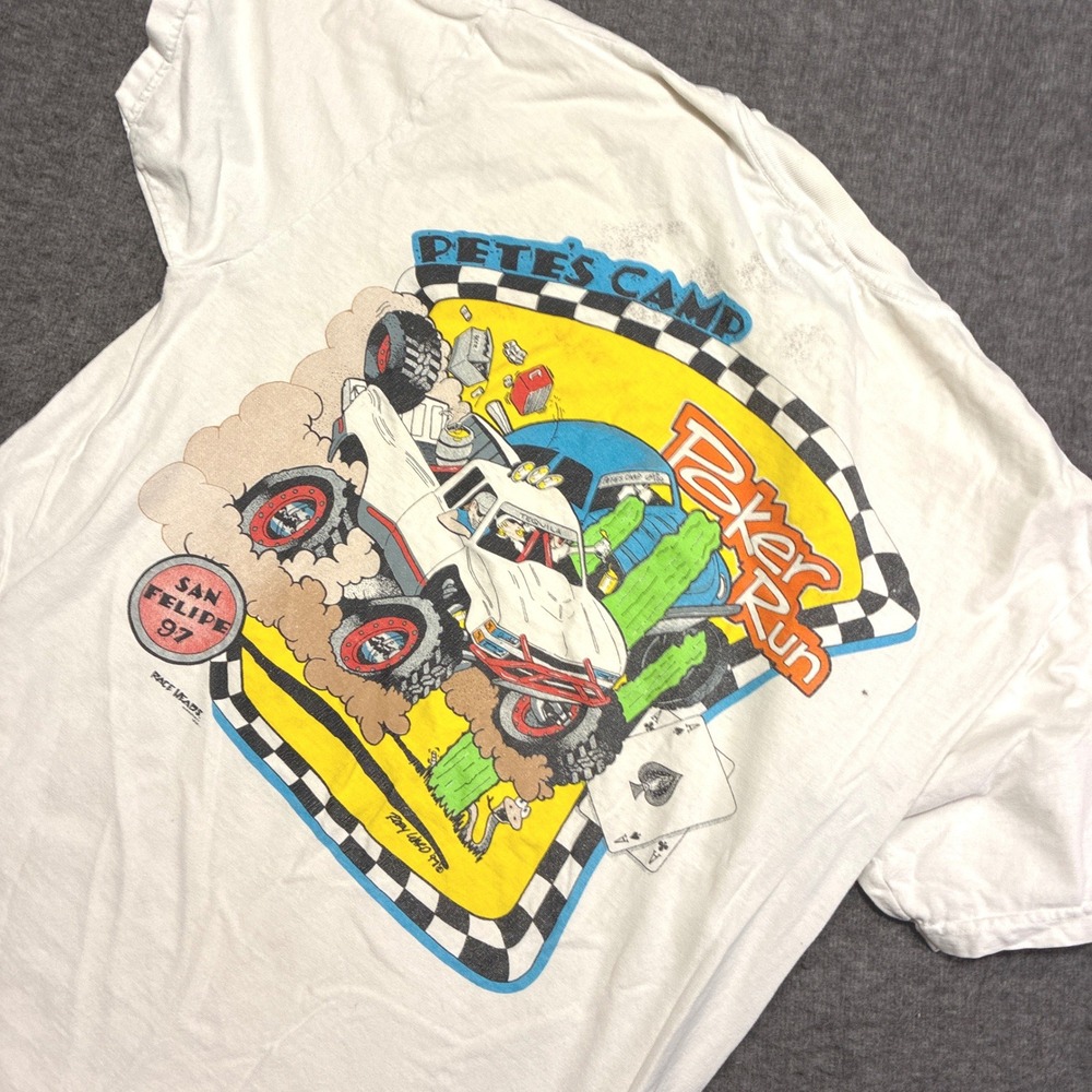 Vintage Pete's Camp‎ Poker Run T-Shirt Mens L White 1997 San Felipe Distressed